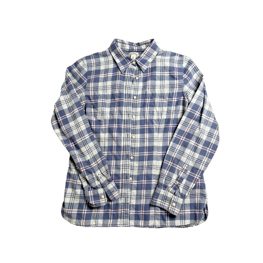 LL Bean Button Up Flannel Shirt Women's Small Lavender / White Plaid 100% Cotton